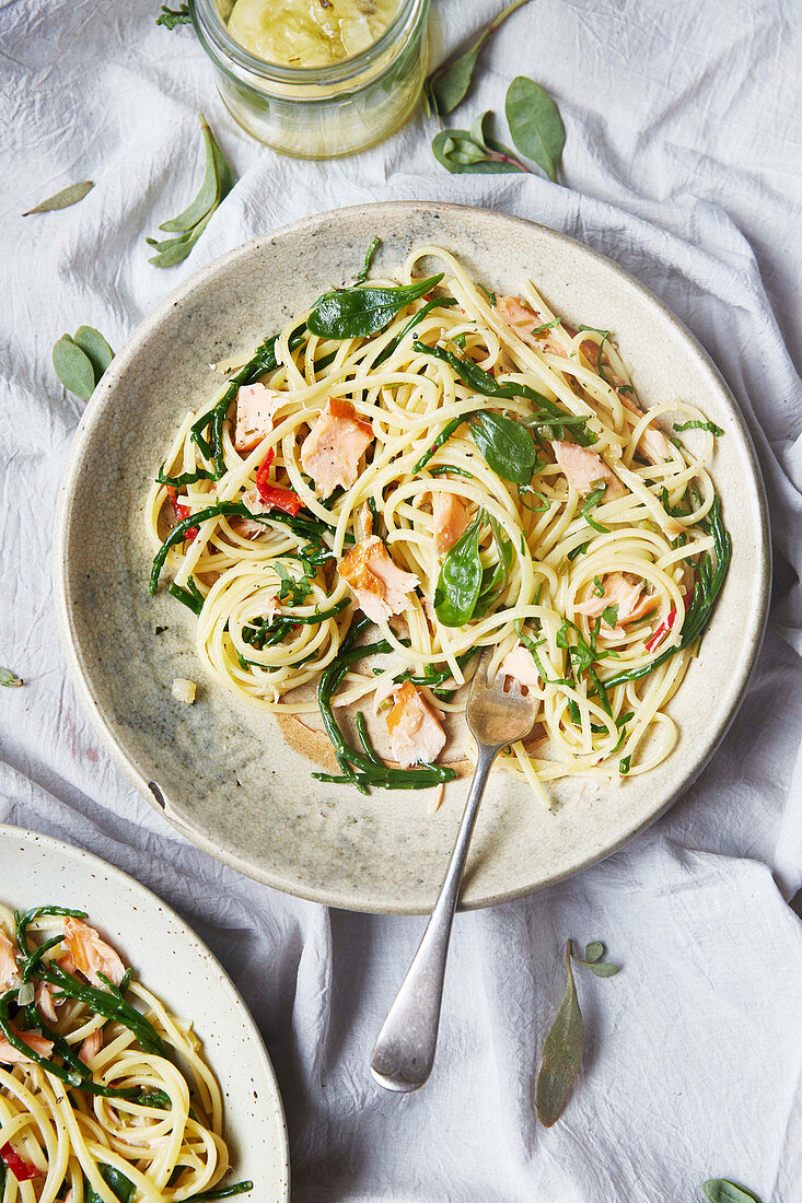 Samphire and lemony salmon linguine