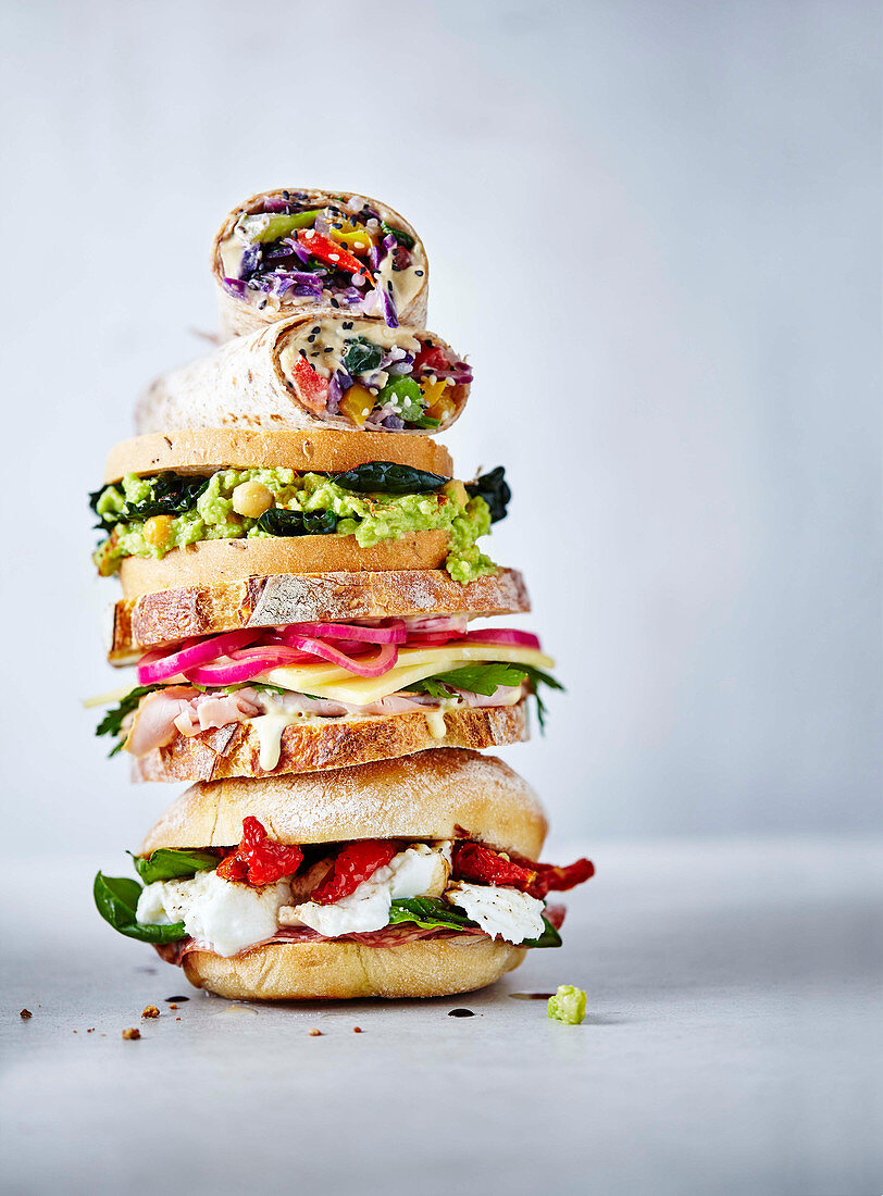 Stack of ciabatta, sandwich and wraps