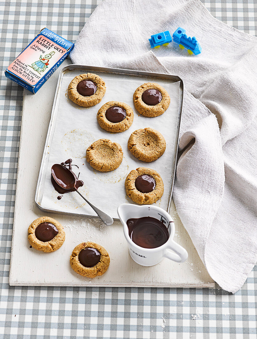 Chocolate and hazelnut thumbprint cookies