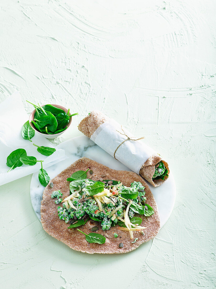 Minted pea, goat's cheese and spinach wraps