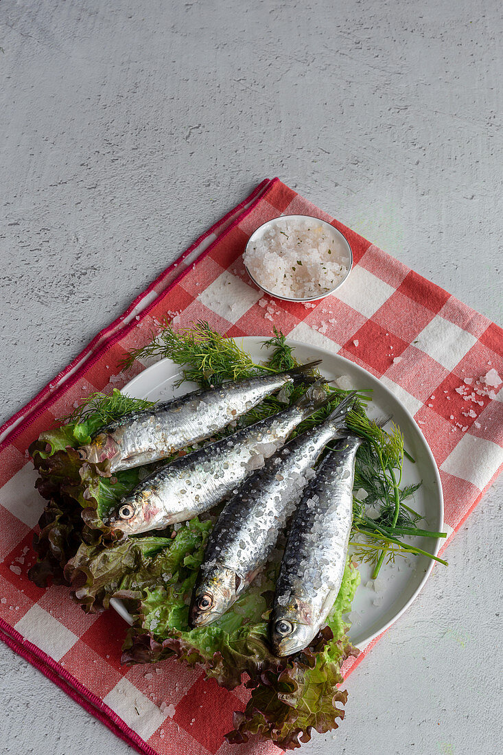 Prepared savory mackerel served on salad with pieces of sea salt on plate