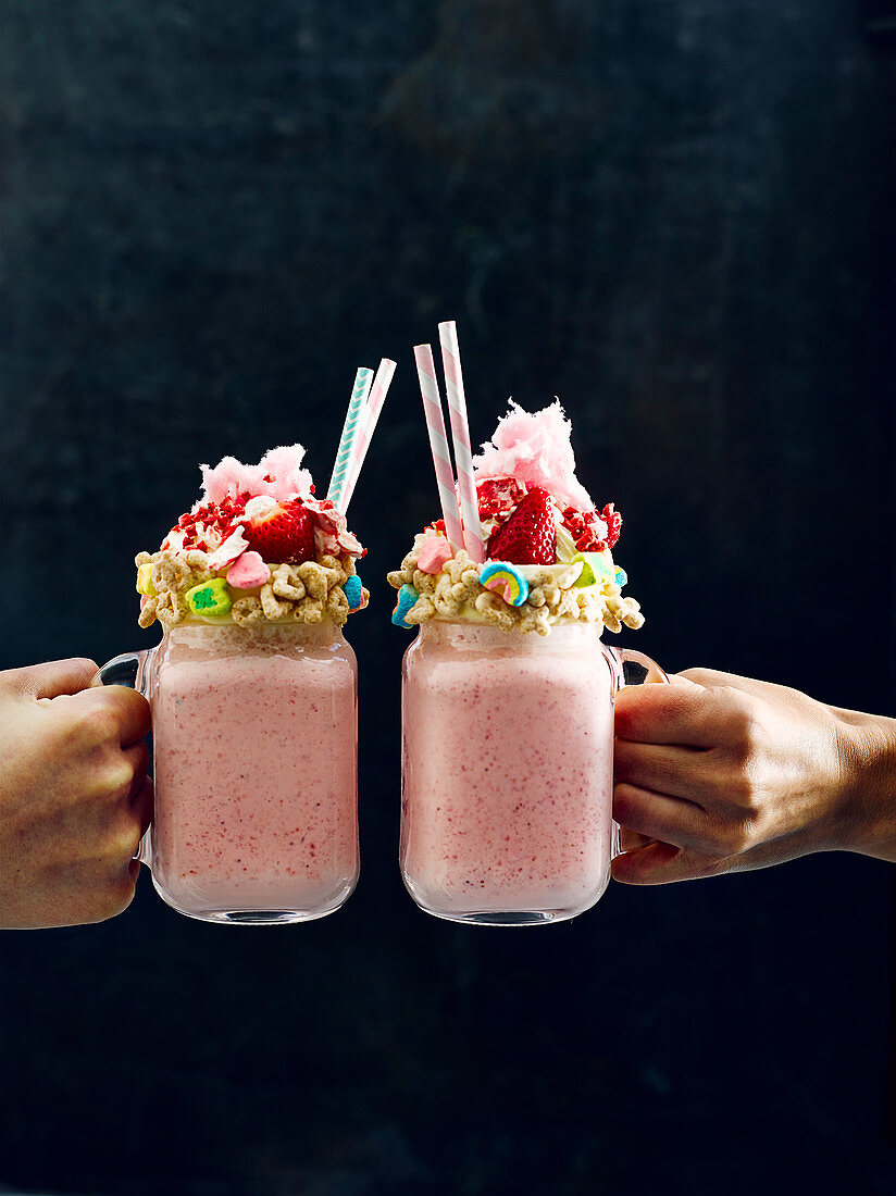 Freakshake with strawberries and cereals