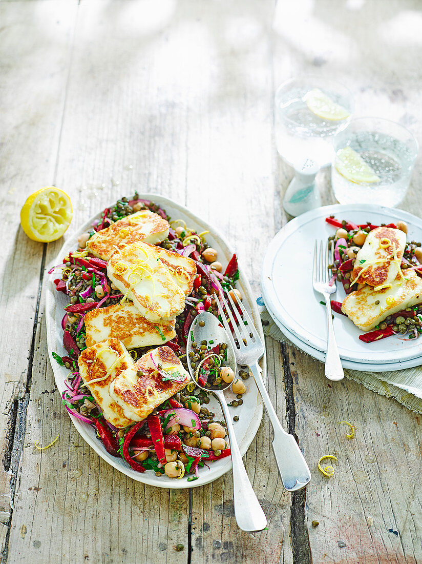 Halloumi with lemony lentils, chickpeas and beets