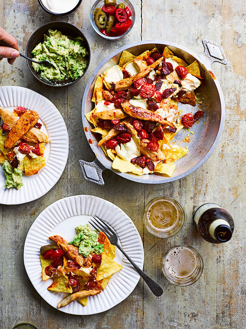 Chicken ‘nacho’ one-pot with chorizo avocado cream