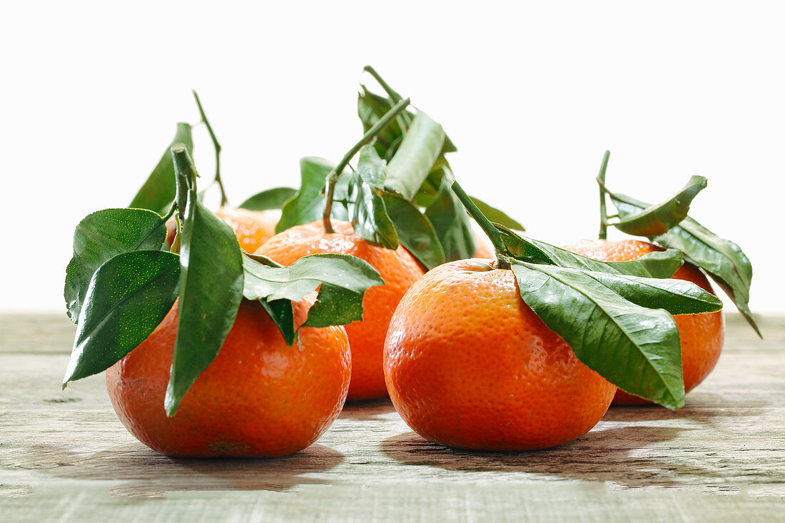 Frische Mandarinen mit Blättern vor weißem Hintergrund