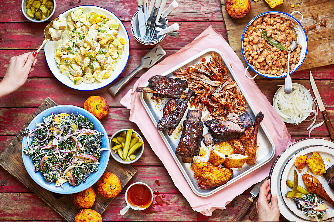 Texas BBQ medley with pinto beans, potato salad and kale slaw