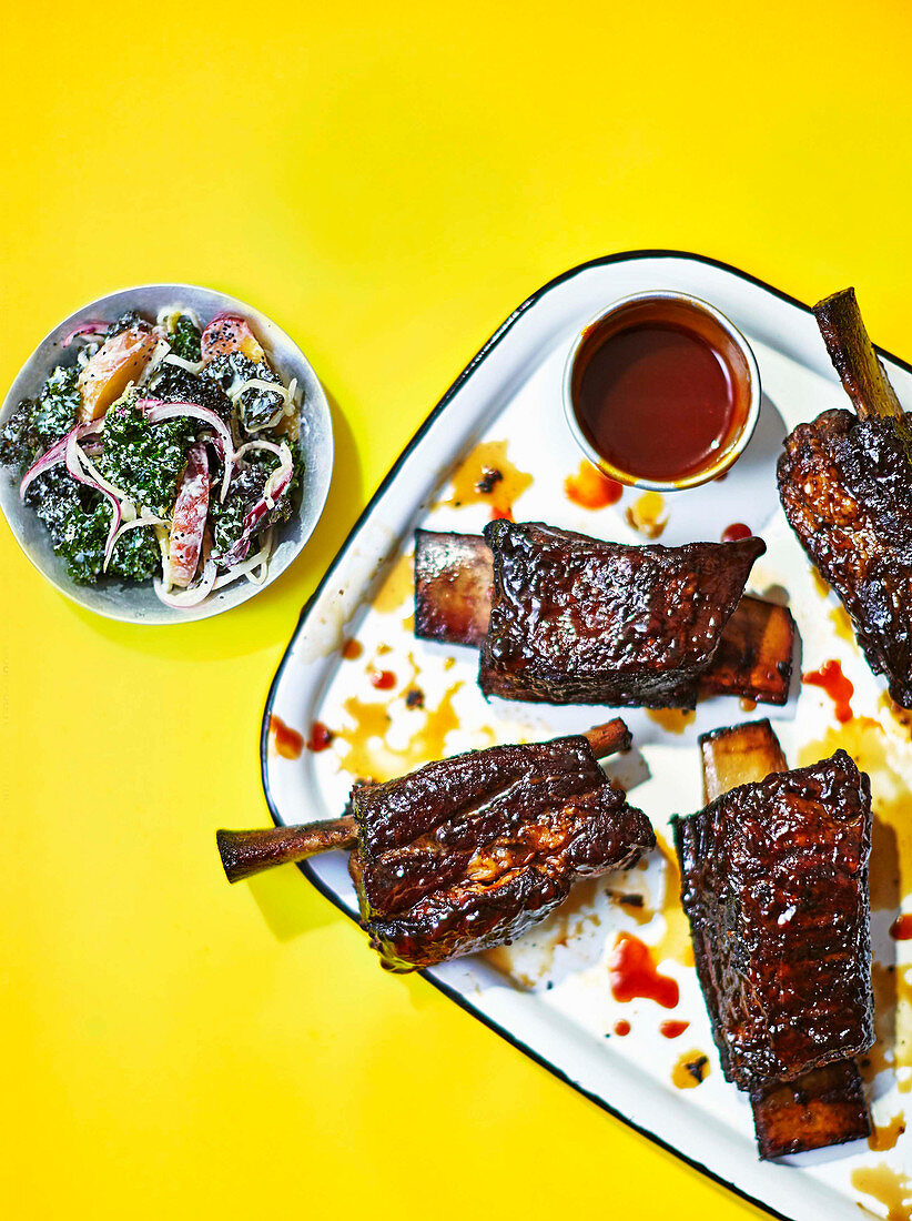 BBQ beef short ribs with kale, peach & poppy seed slaw