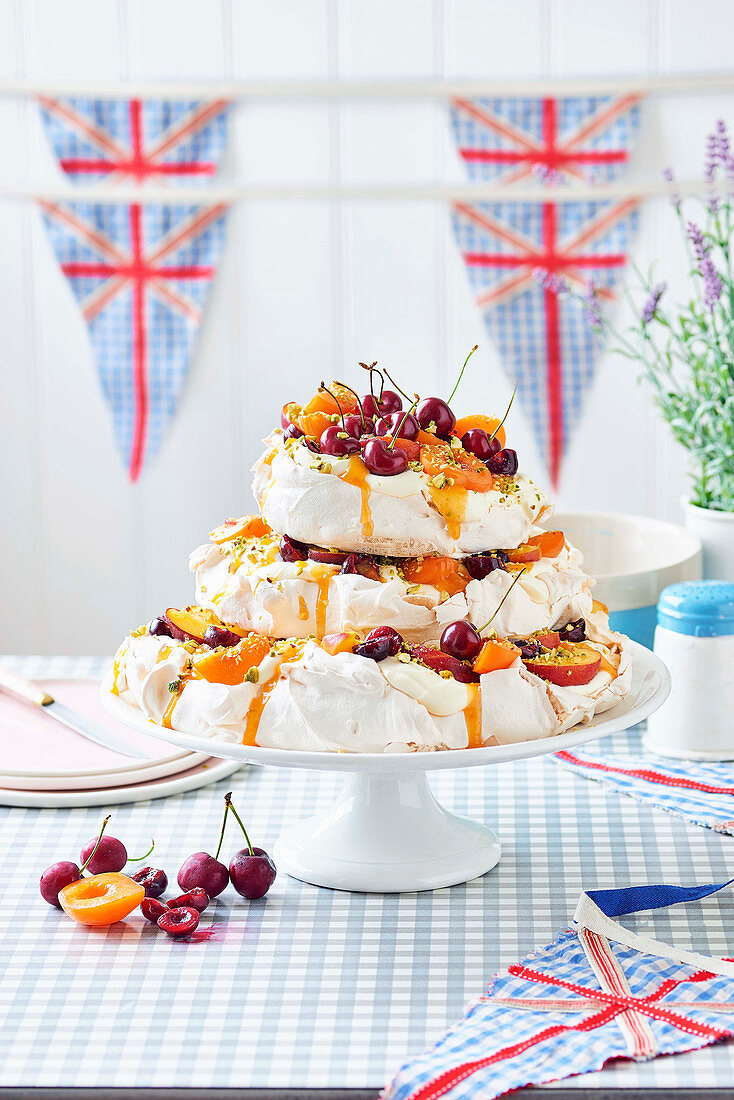 Cherry, apricot, peach and pistachio meringue stack