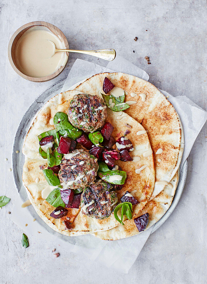 Kid goat koftas with roast beetroot salad