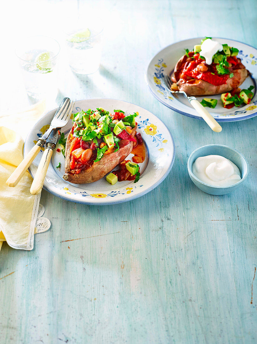 Chilli and avocado salsa sweet potatoes