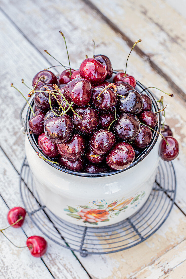 Fresh cherries in enamel bucket with water droops