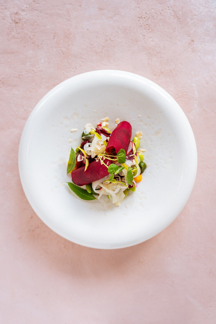 Palatable vegetable salad placed on plate