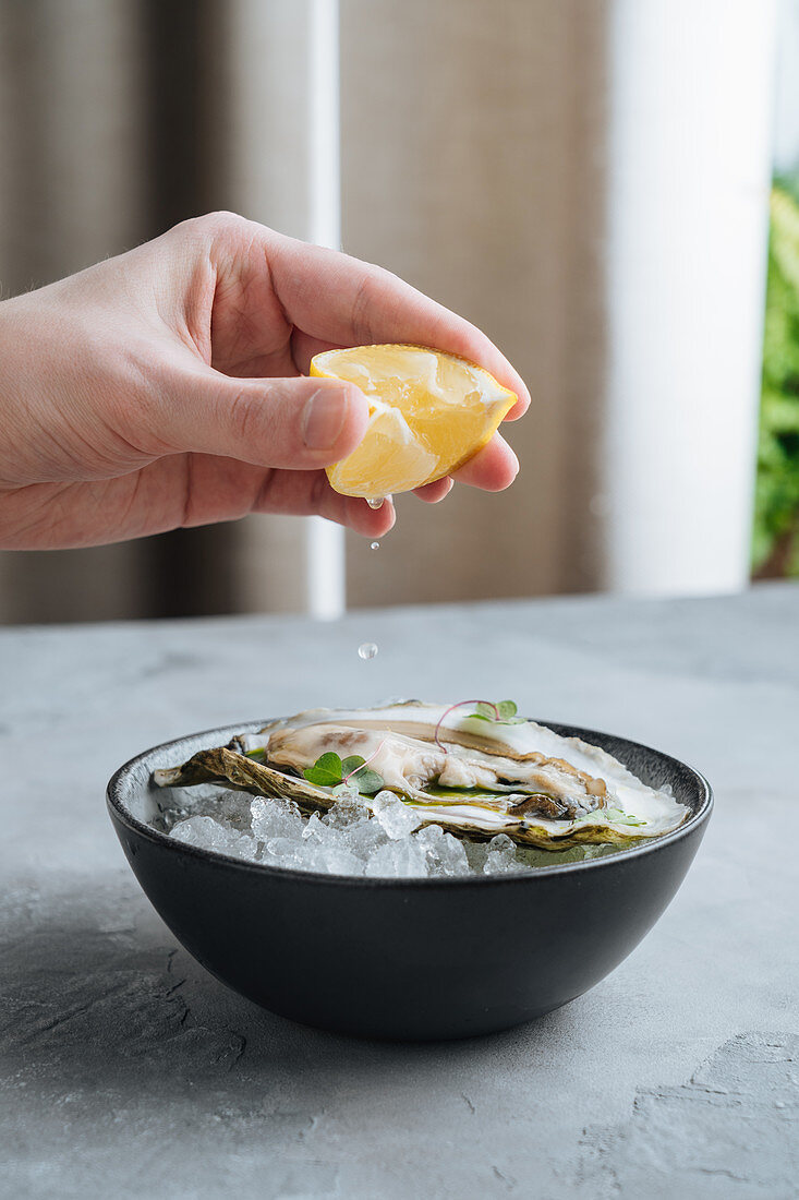 Person squeezing lemon on delicious oysters on Ice cuber on a bowl