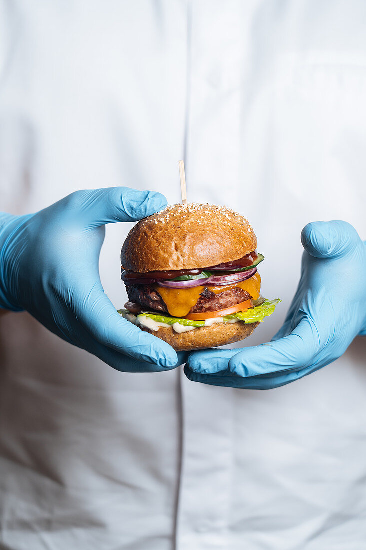 Hände halten kleinen Wildfleisch-Burger mit roten Zwiebeln, Käse, Tomaten und Salatblatt