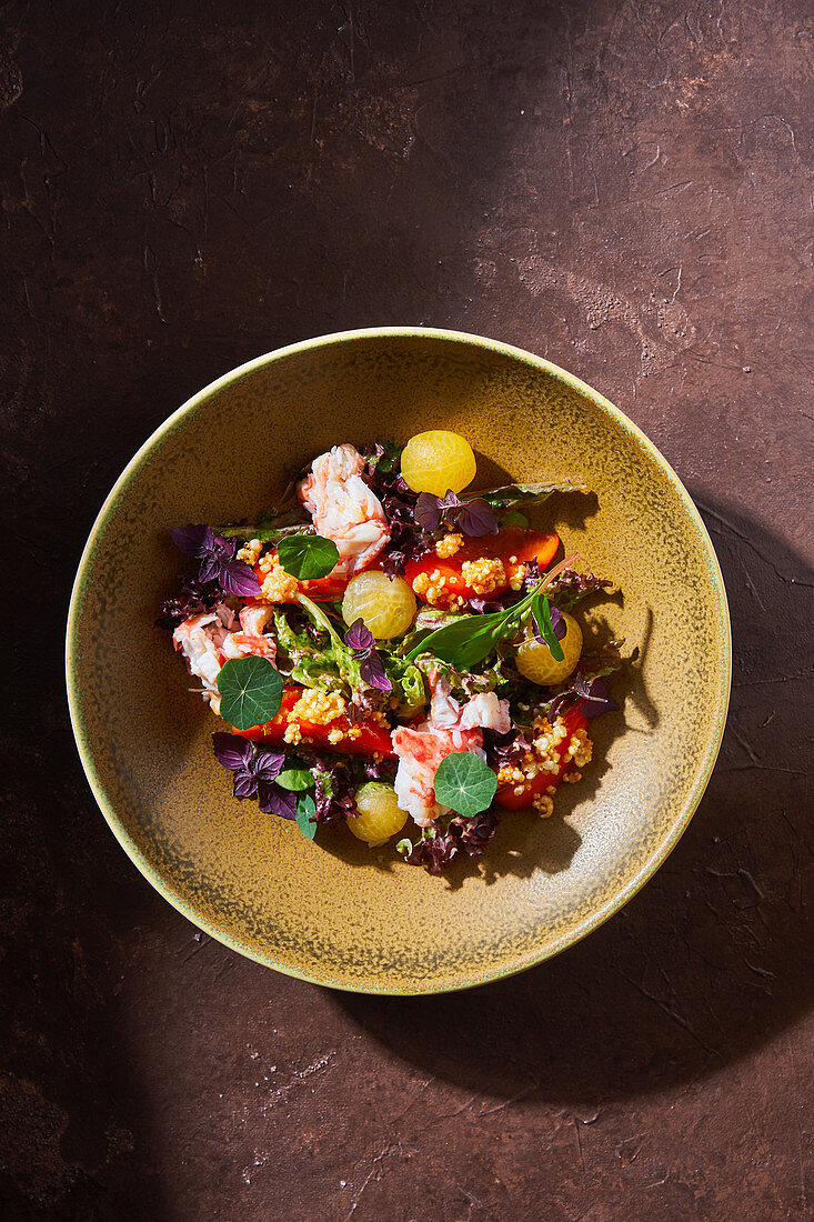 Bowl with delicious crab salad, fresh vegetables and herbs