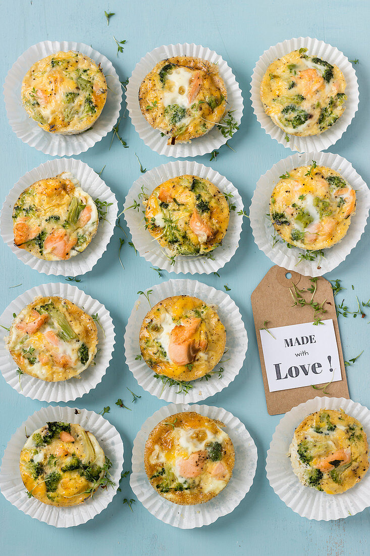 Egg muffins with salmon and broccoli
