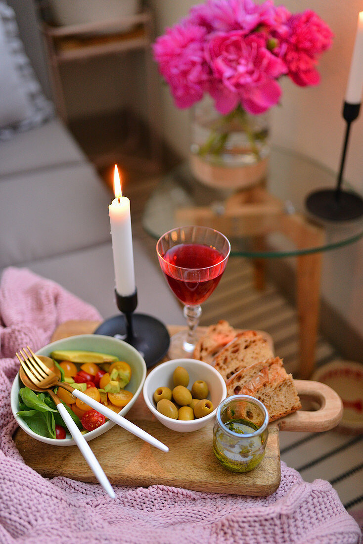 Tomato salad, olives, bread and red wine