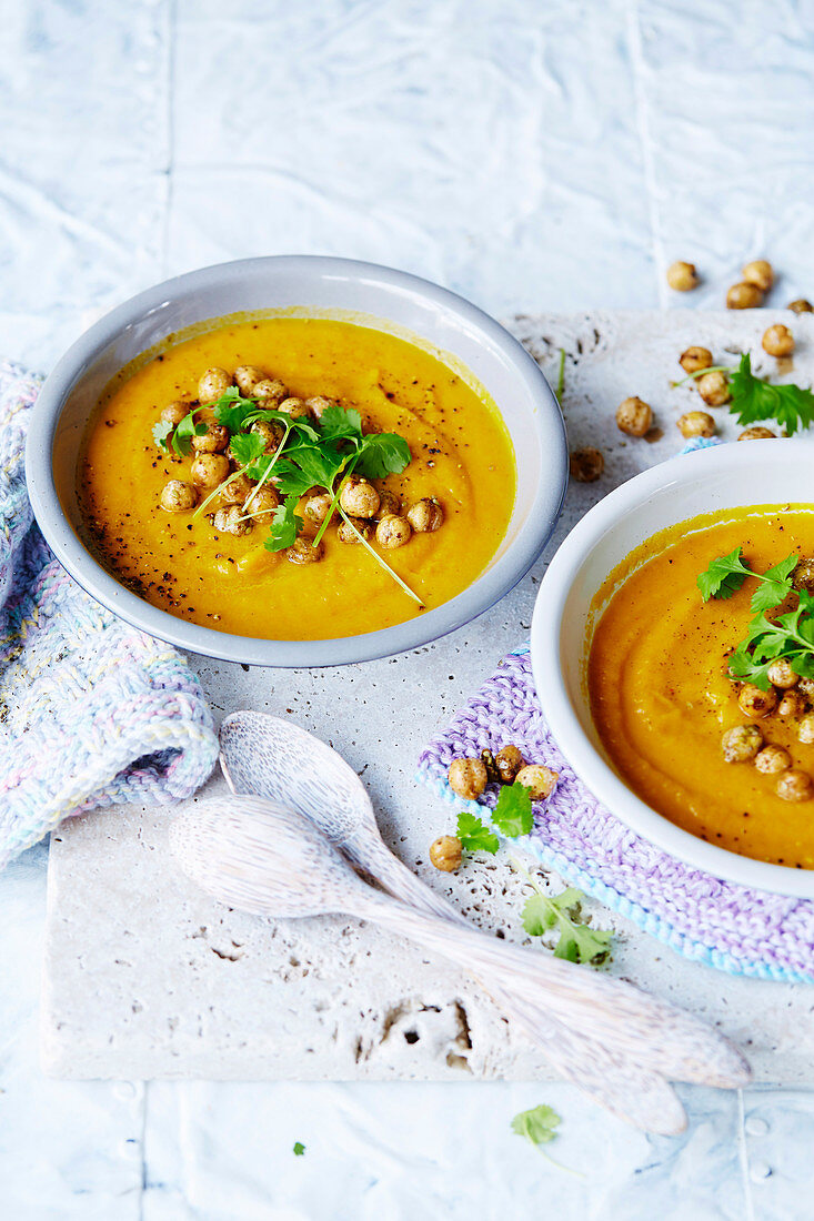Roast Carrot and Garlic Soup with Crunchy Chickpeas