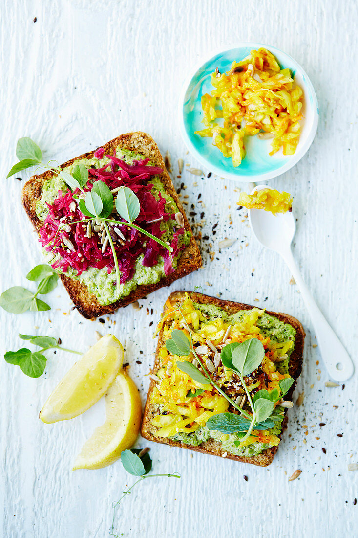 Sprouted Bread with Dill-Pea Spread and Fermented Veggies