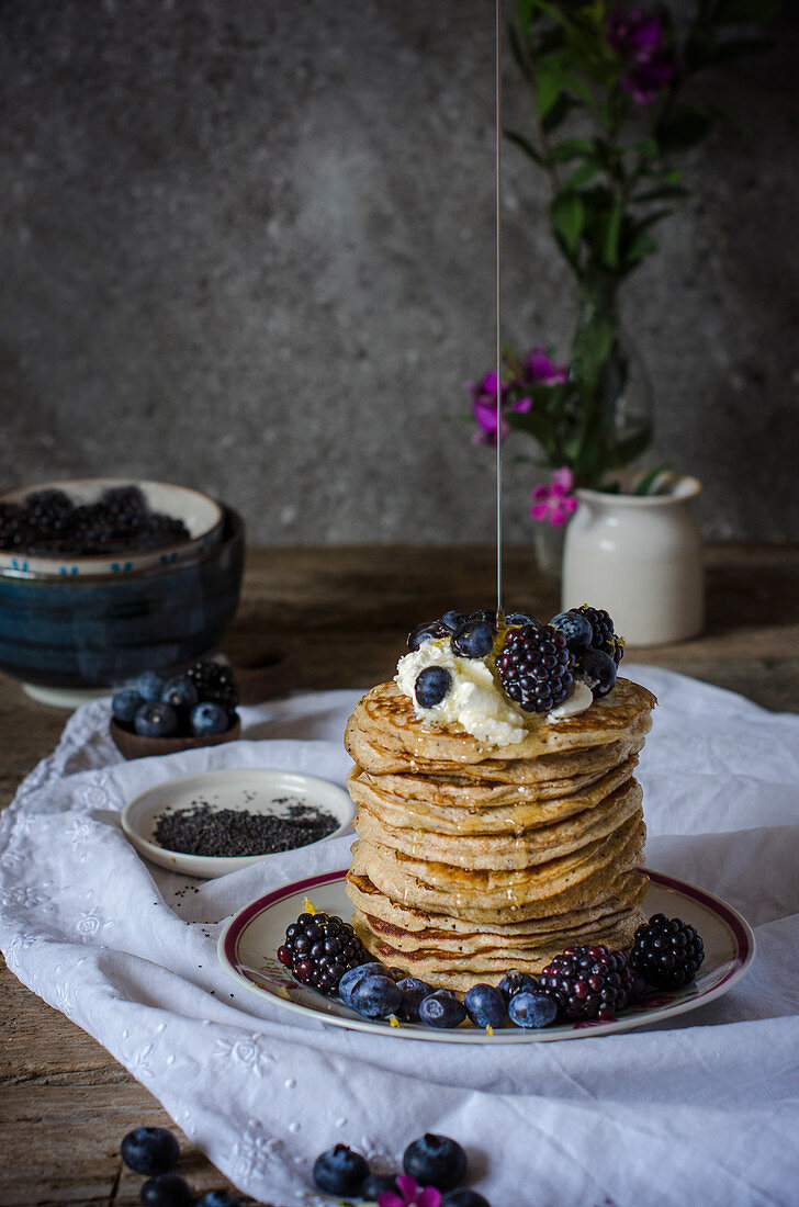 Lemon Pancakes with blackberries and blueberries
