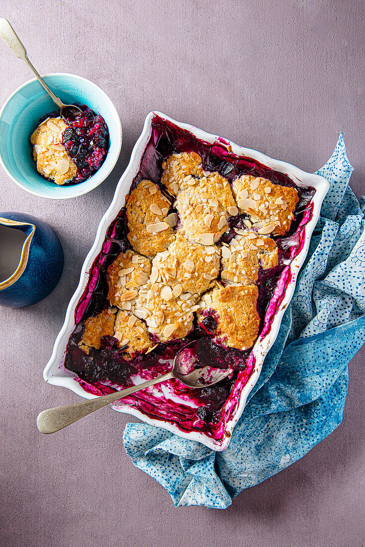 Fresh blueberry cobbler with almonds