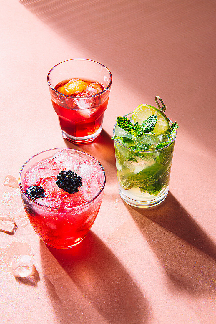 Drei Cocktails (Mojito, Negroni und Bramble)