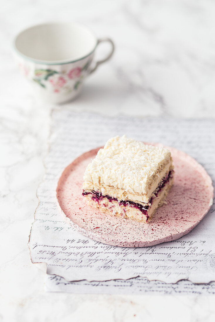 Slice of a coconut no bake cake