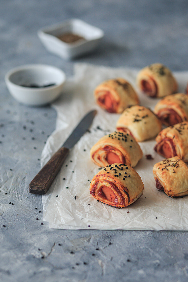 Vegan pigs in blankets with plant bases sausage alternative