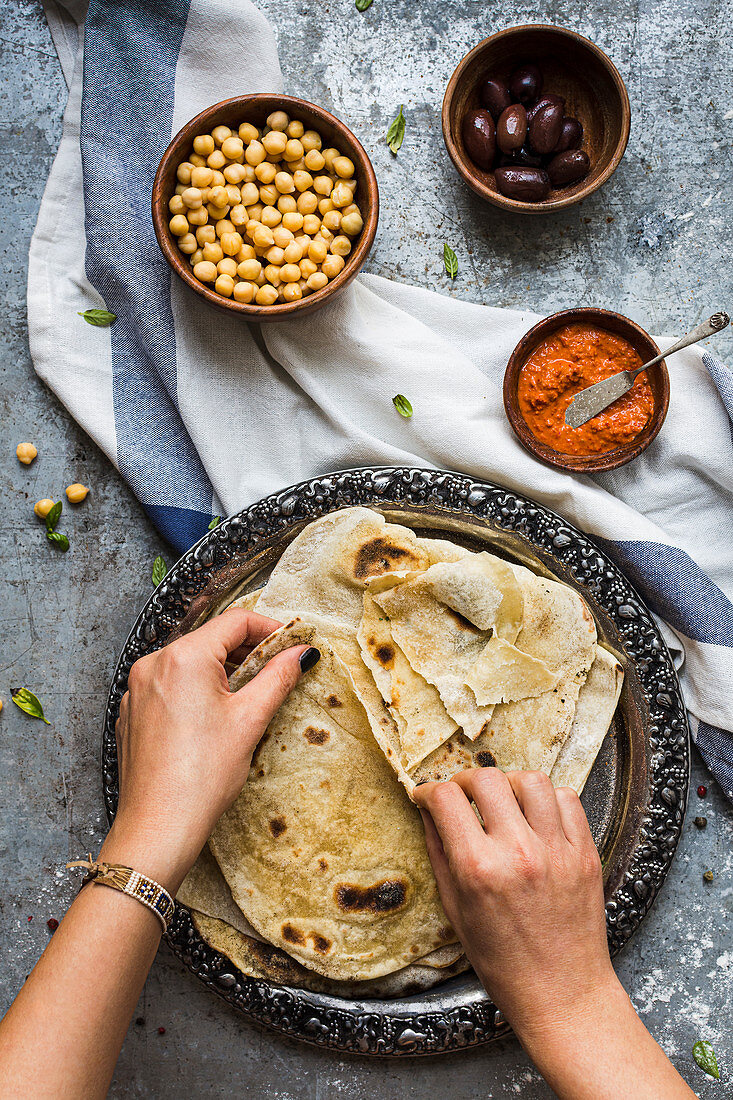 Lavash with olives and vegetable dip