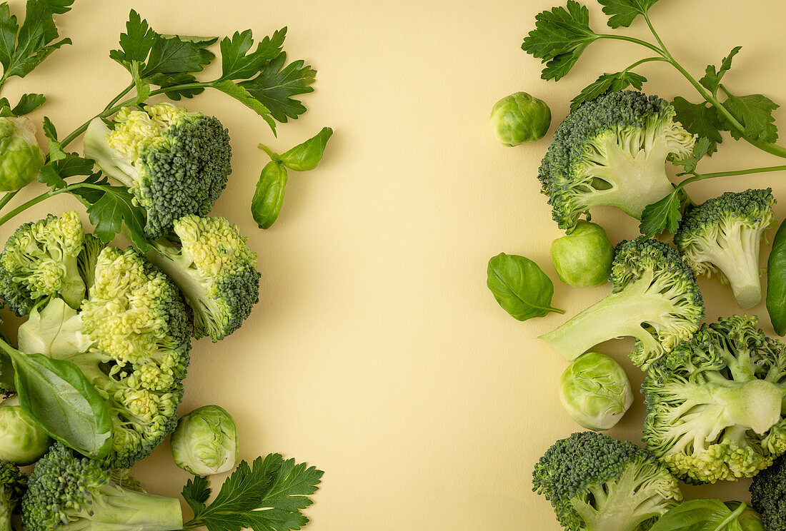 Green vegetables food pattern made of broccoli, Brussels sprouts, basil leaves