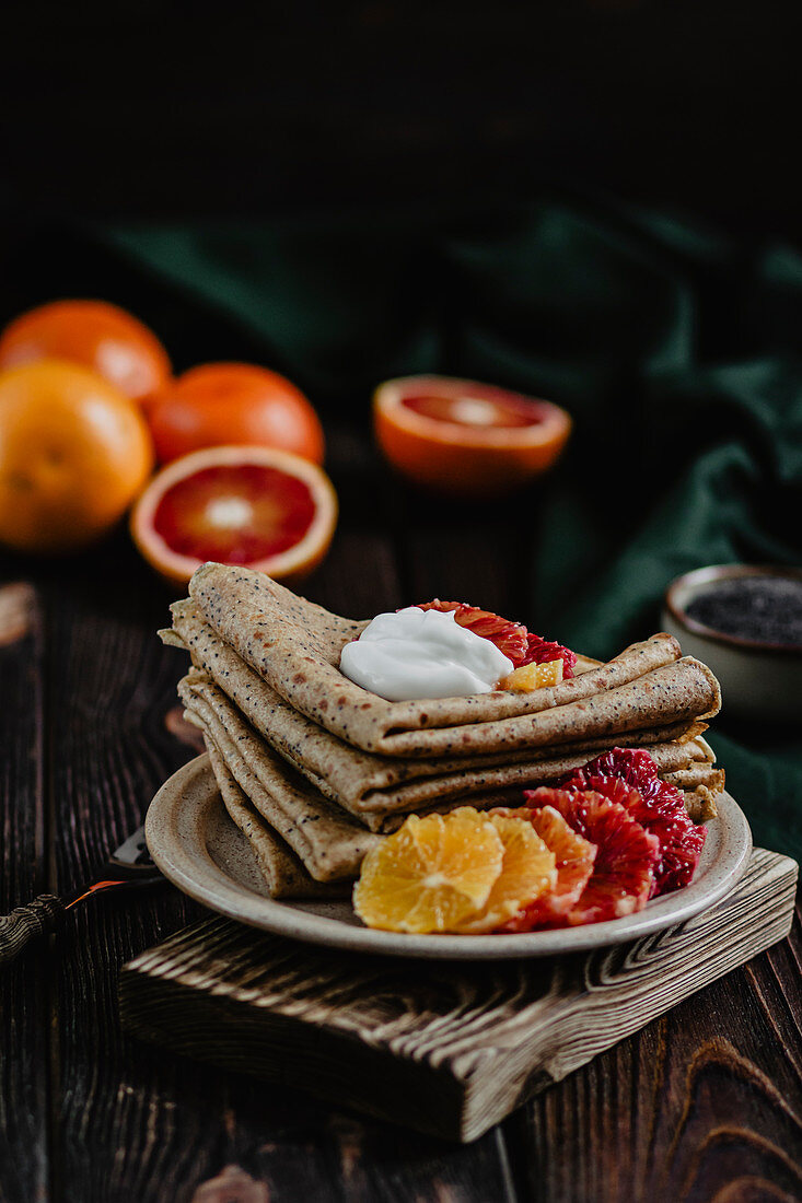 Poppy seed crepes with oranges