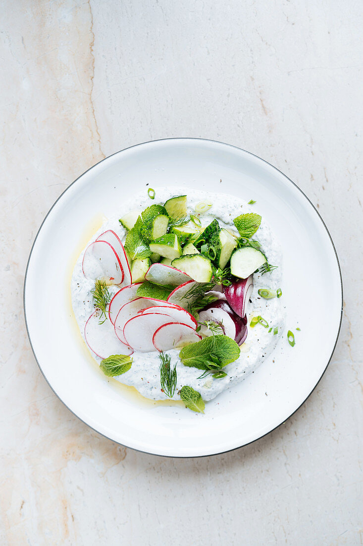 Radieschen-Zucchini-Salat mit roten Zwiebeln, Kräutern und Sauerrahmsauce