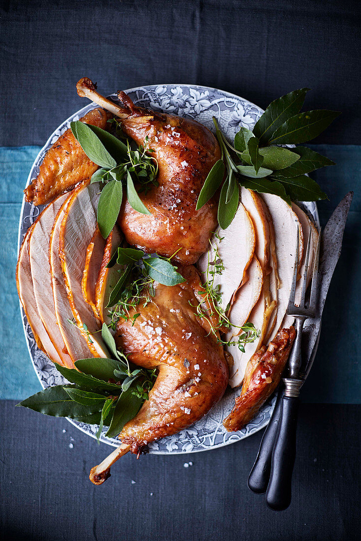 Brined roast turkey and confit turkey legs for Christmas dinner