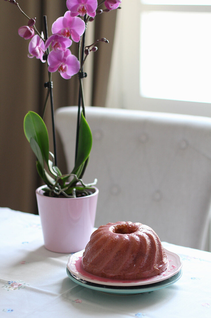 Gugelhupf und Orchidee auf Tisch