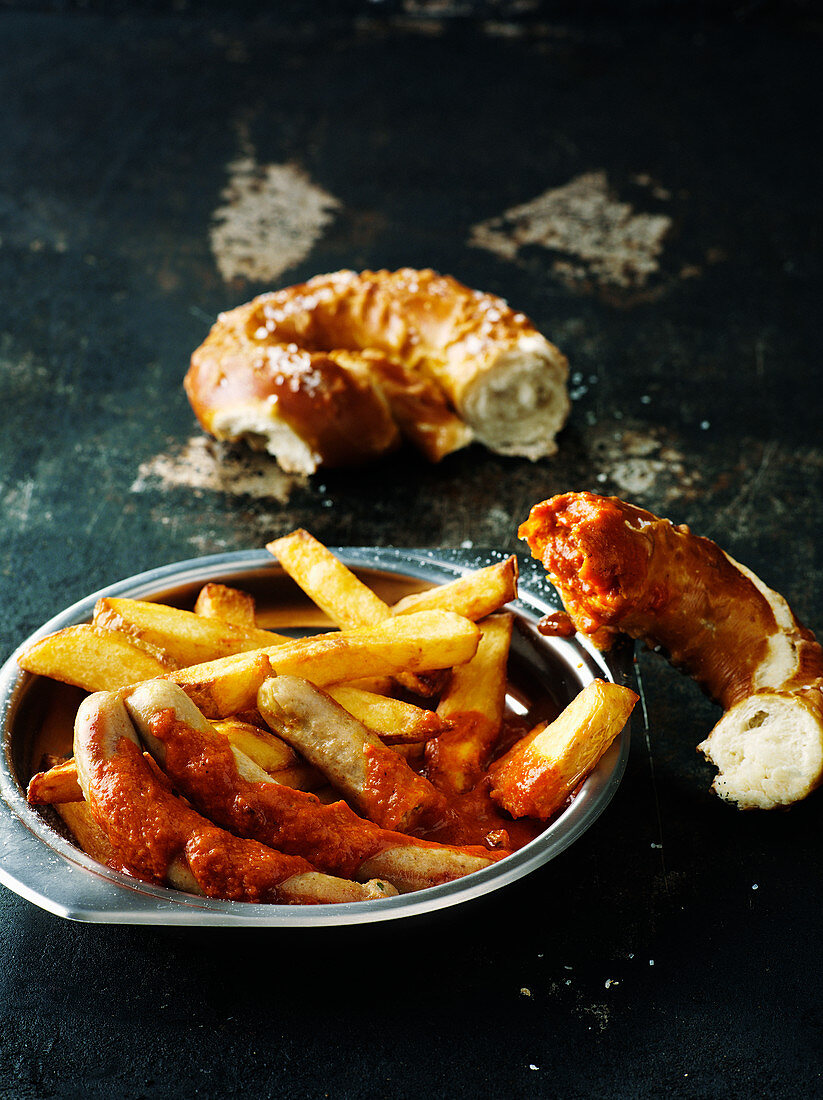 Currywurst with french fries and pretzels