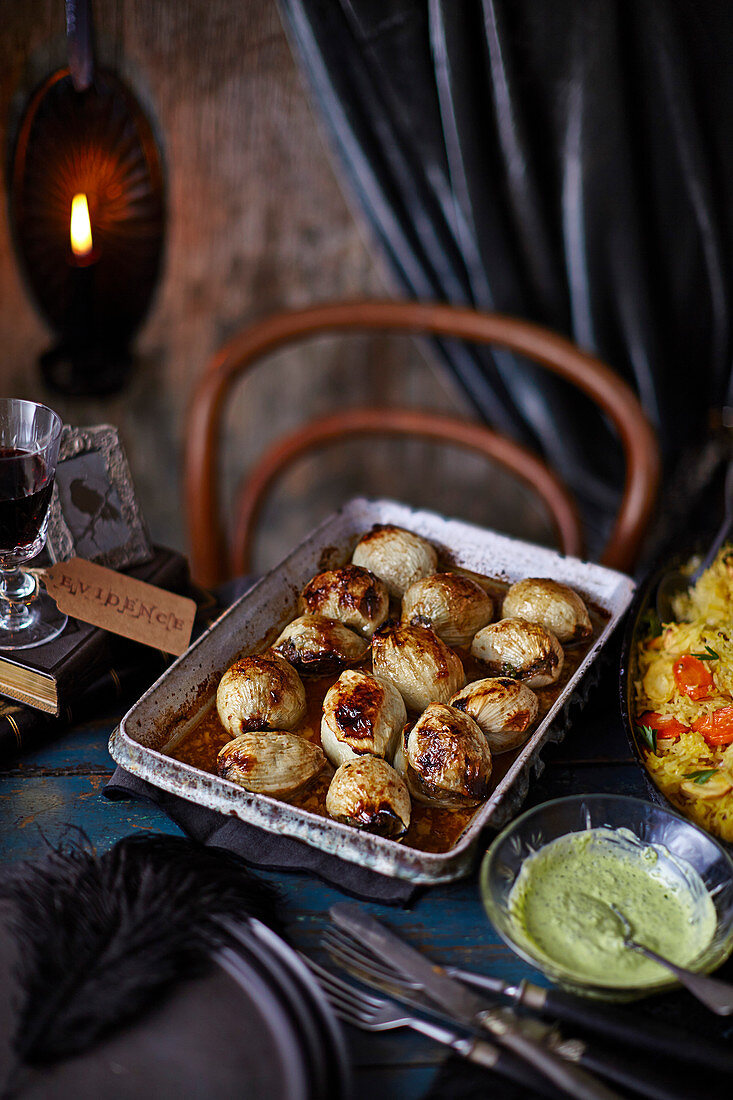 Stuffed onions, root vegetable rice and herby yogurt dressing