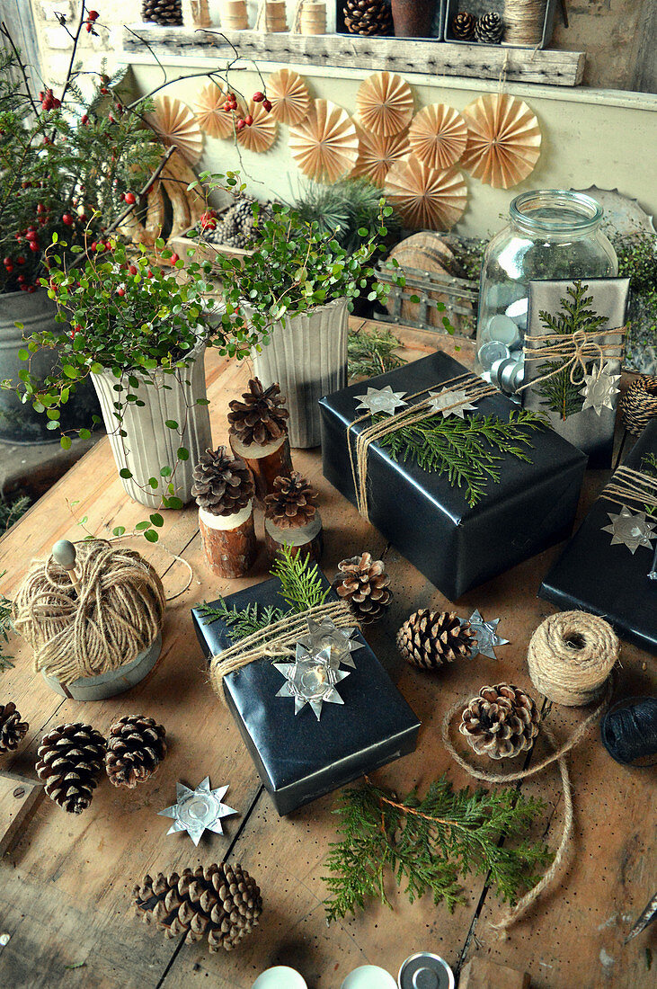Wrapped Christmas presents decorated with stars and sprigs of thuja arranged on table with maidenhair vine, pine cones and jute thread