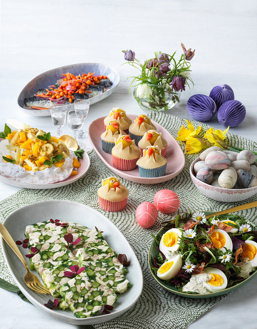 An Easter buffet laid with savoury and sweet dishes
