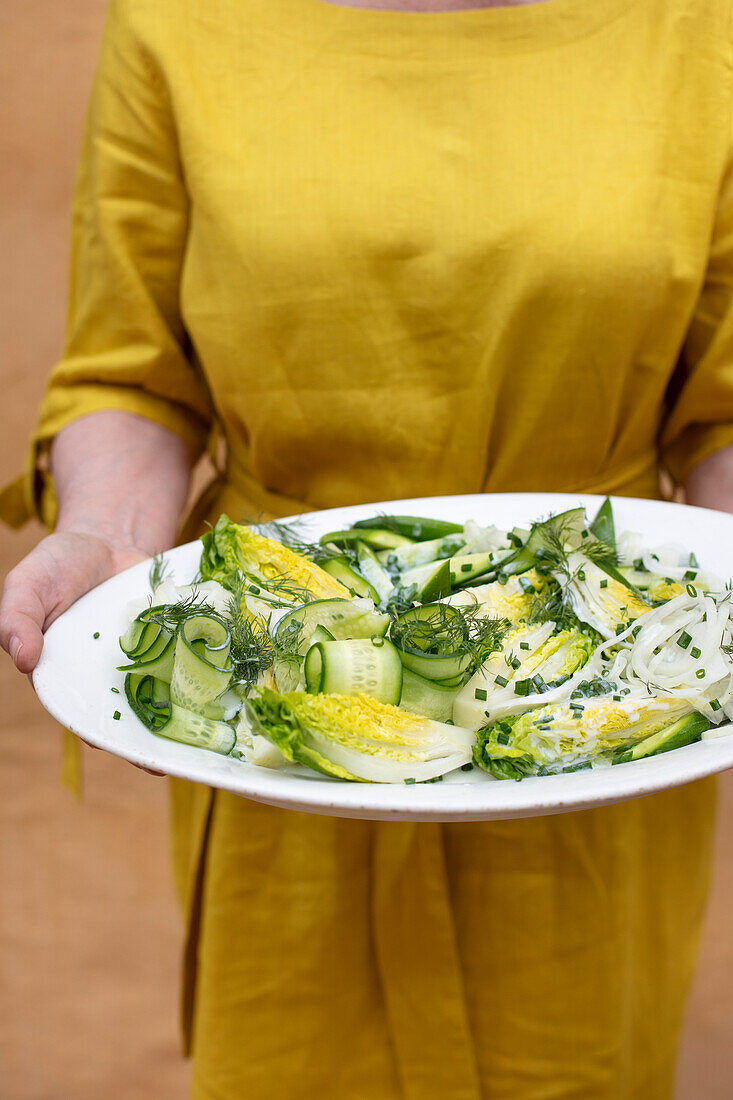Cucumber salad with lettuce hearts and herbs