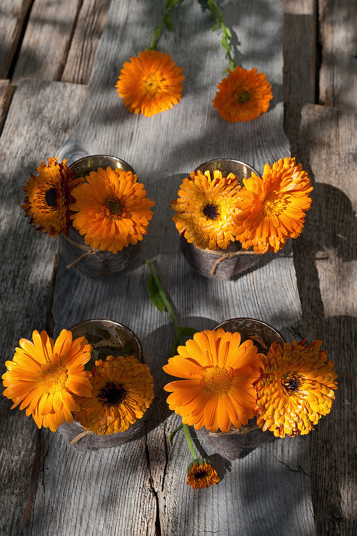 Kleiner Ringelblumenstrauß in Bechern mit Filz und Schnur umwickelt