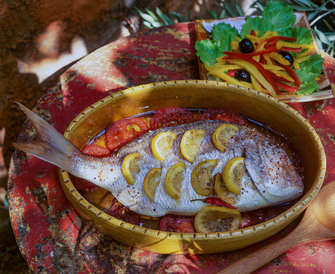 Gebratene Dorade mit Zitronen, Tomaten und Chili