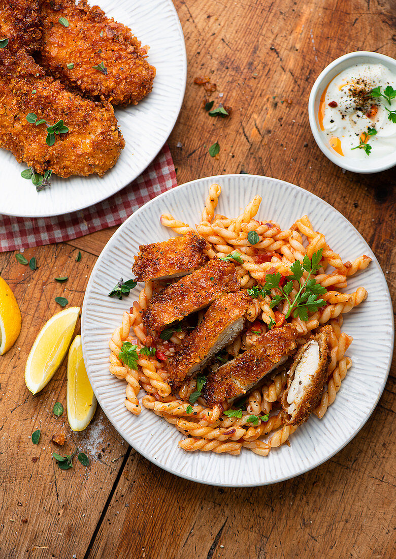 Chicken escalope with a pasta salad