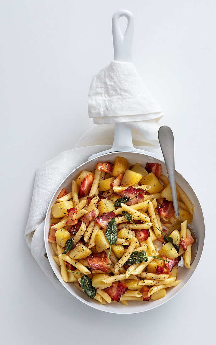 Pasta with potatoes, lardo, bacon, sage and pepper