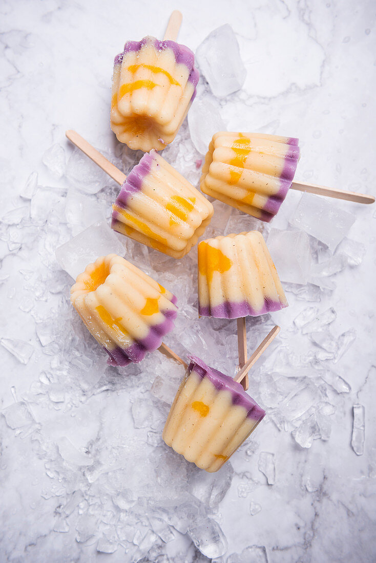 Frozen soya yoghurt on sticks with blueberries, vanilla and mango