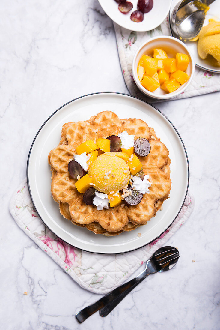 Vegan vanilla waffles with mango sorbet, soya cream and fruit