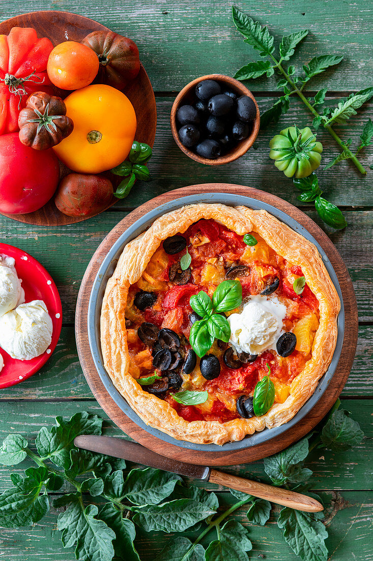 Tomato pie with savory sour cream ice cream