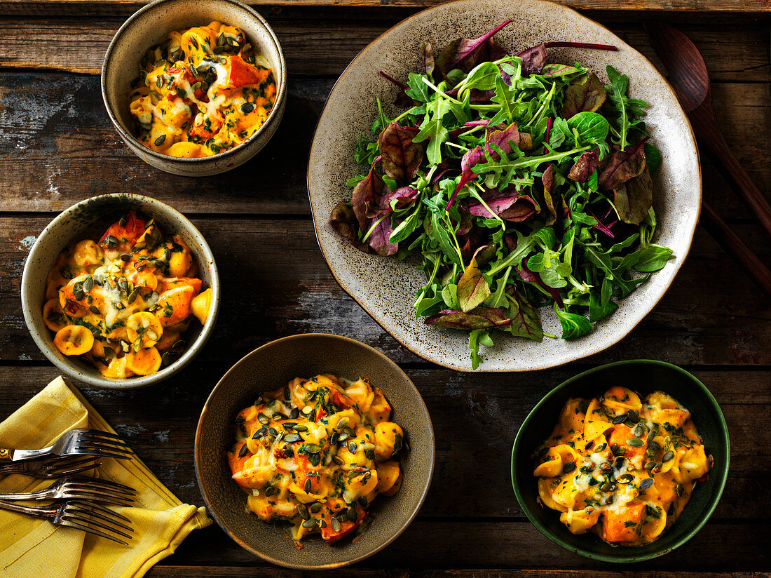 Mac and cheese with hokkaido and fresh salad