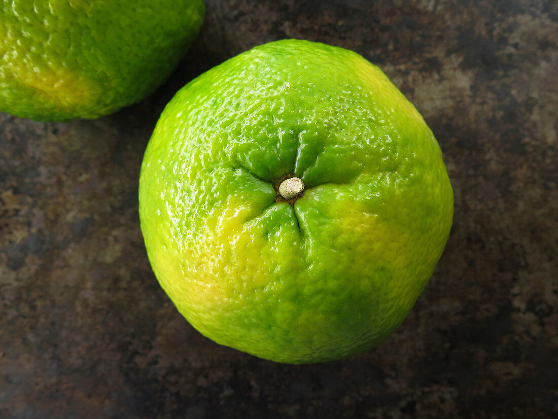 An ugli fruit on a dark surface