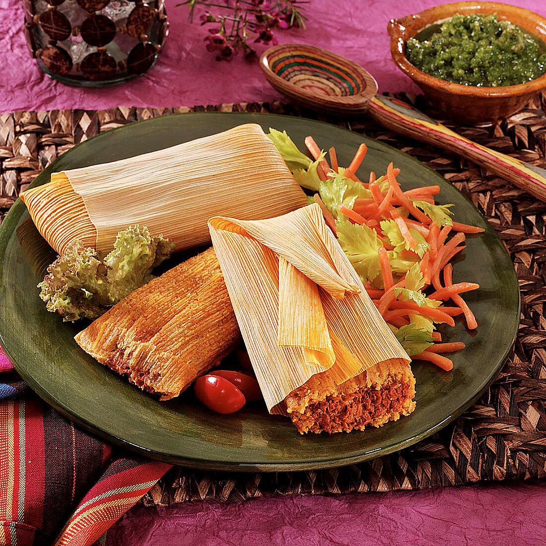 Ground Pork Tamales in corn husk wrappers