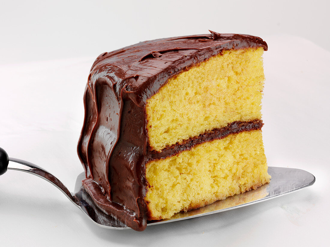 Ein Stück Yellow Cake mit Schokoladenglasur
